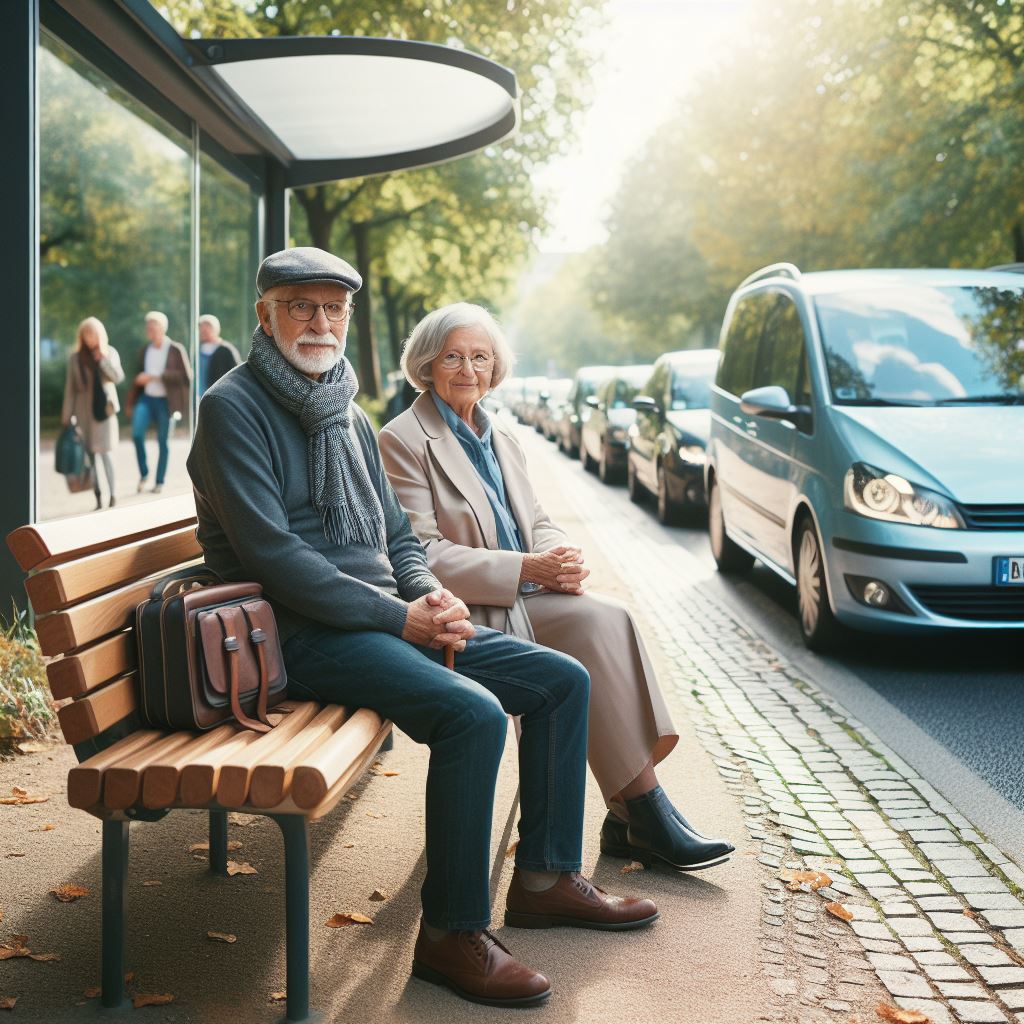 Zwei wartende, ältere Menschen, die auf einer Mitfahrbank auf eine Mitfahrgelegenheit warten.