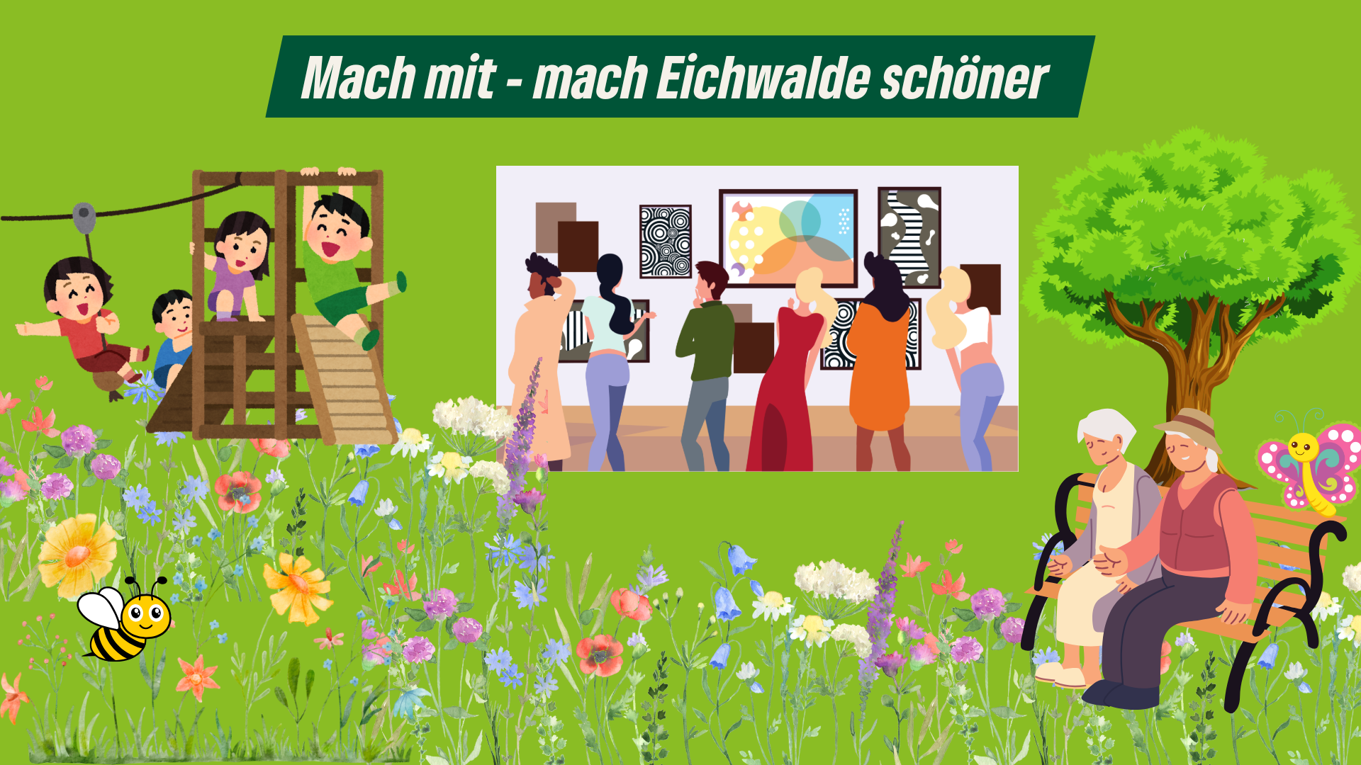 Illustration, die eine blühende Wiese, ein älteres Pärchen auf einer Bank unter einem Baum, spielende Kinder und eine Kunstausstellung zeigt